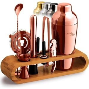 Mixology & Craft 9pc Copper Bar‎ Tool Set with Bamboo Stand Parisian Shaker Kit